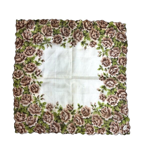 Embroidered handkerchief hankie 13 in. by 13 in. Brown and white embroidered edg - Picture 1 of 10